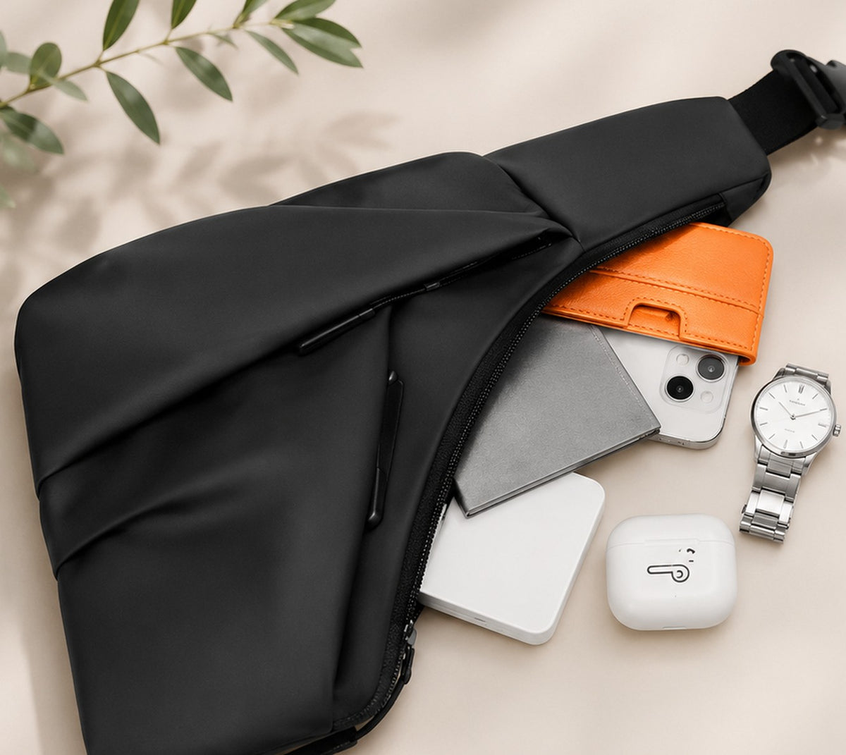 Anti-Theft Crossbody Bag with RFID Protection, open with wallet, phone, watch and earbuds